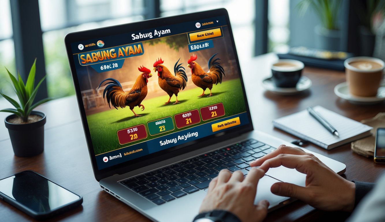 Seorang pengguna laptop sedang bermain judi sabung ayam online dengan tampilan layar yang menunjukkan pertarungan ayam jago dan pilihan taruhan.