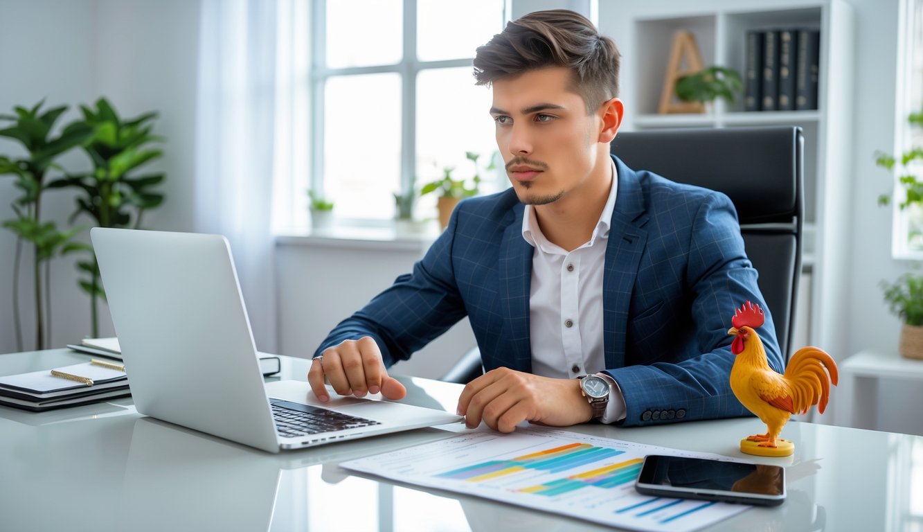 Seorang pria muda duduk di meja dengan laptop dan alat tulis, fokus mempelajari data taruhan sabung ayam online.