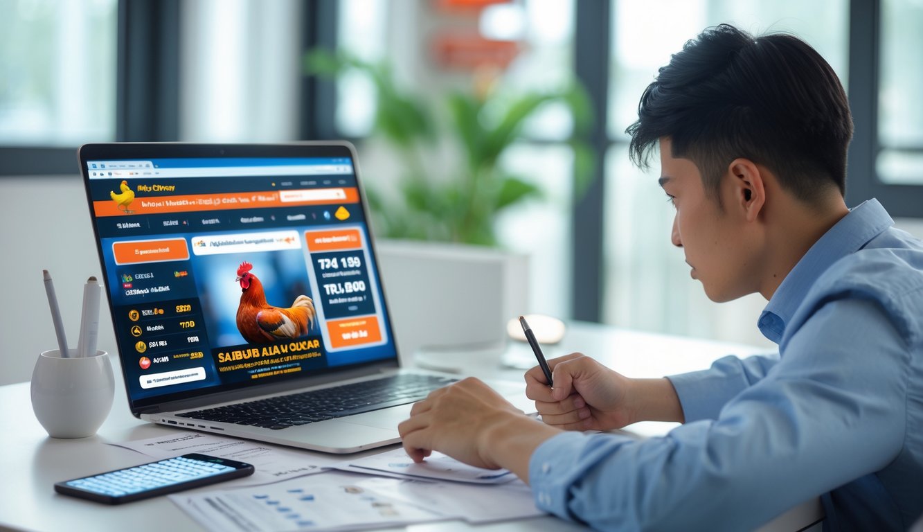 Seseorang muda duduk di depan laptop yang menampilkan situs sabung ayam online, dengan catatan dan ponsel di meja, terlihat fokus mempelajari tips taruhan.