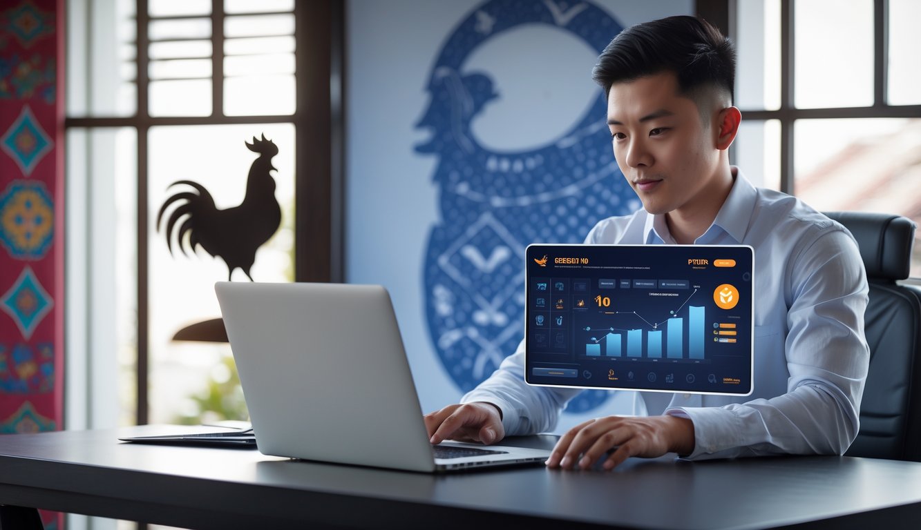 Seorang pria Indonesia menggunakan laptop di meja modern dengan latar belakang elemen tradisional dan bayangan ayam jago.