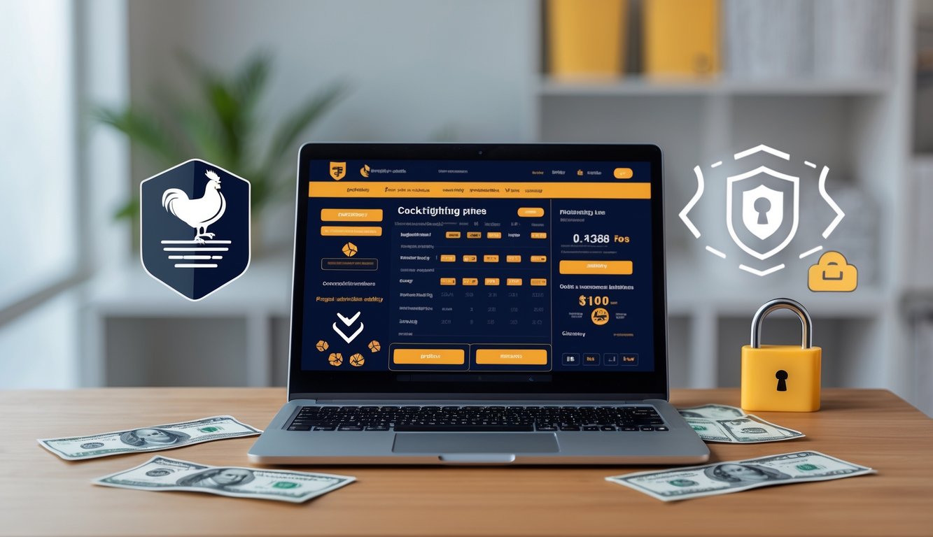 Sebuah laptop menampilkan situs judi sabung ayam online dengan simbol keamanan dan uang rupiah di meja kerja yang rapi.