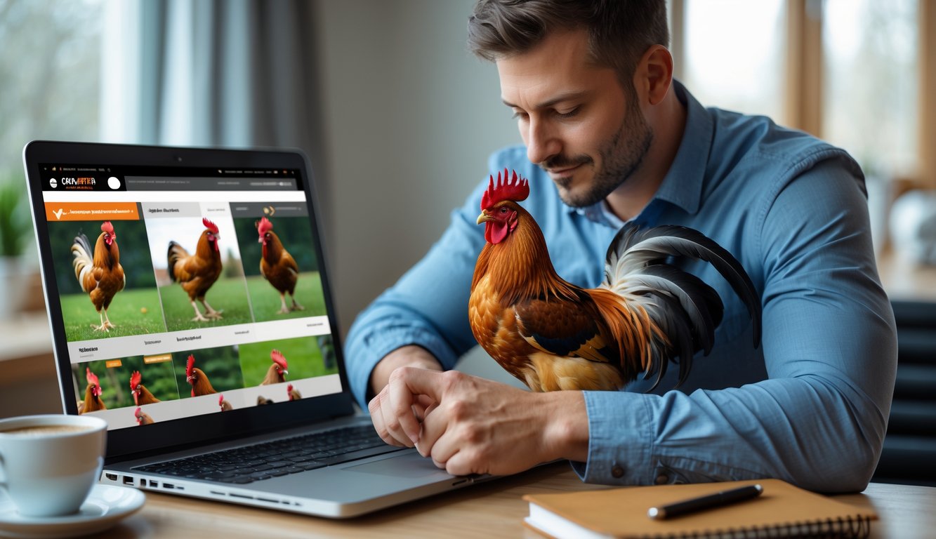 Seorang pria sedang memilih ayam aduan dengan serius di depan laptop yang menampilkan situs sabung ayam online.