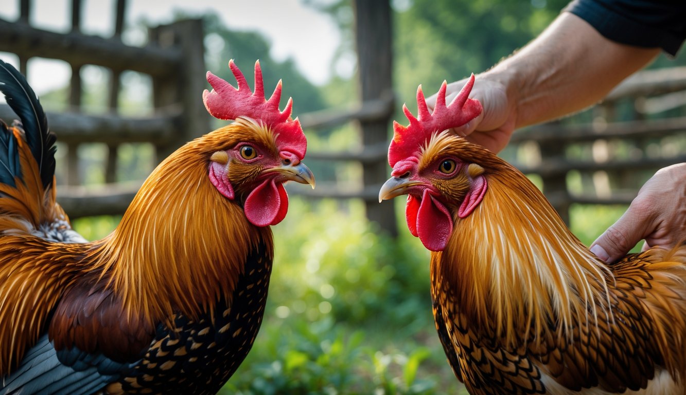 Dua ayam aduan yang sehat dan berotot saling berhadapan di luar ruangan dengan latar pagar kayu dan tanaman hijau, tangan seseorang memegang salah satu ayam.