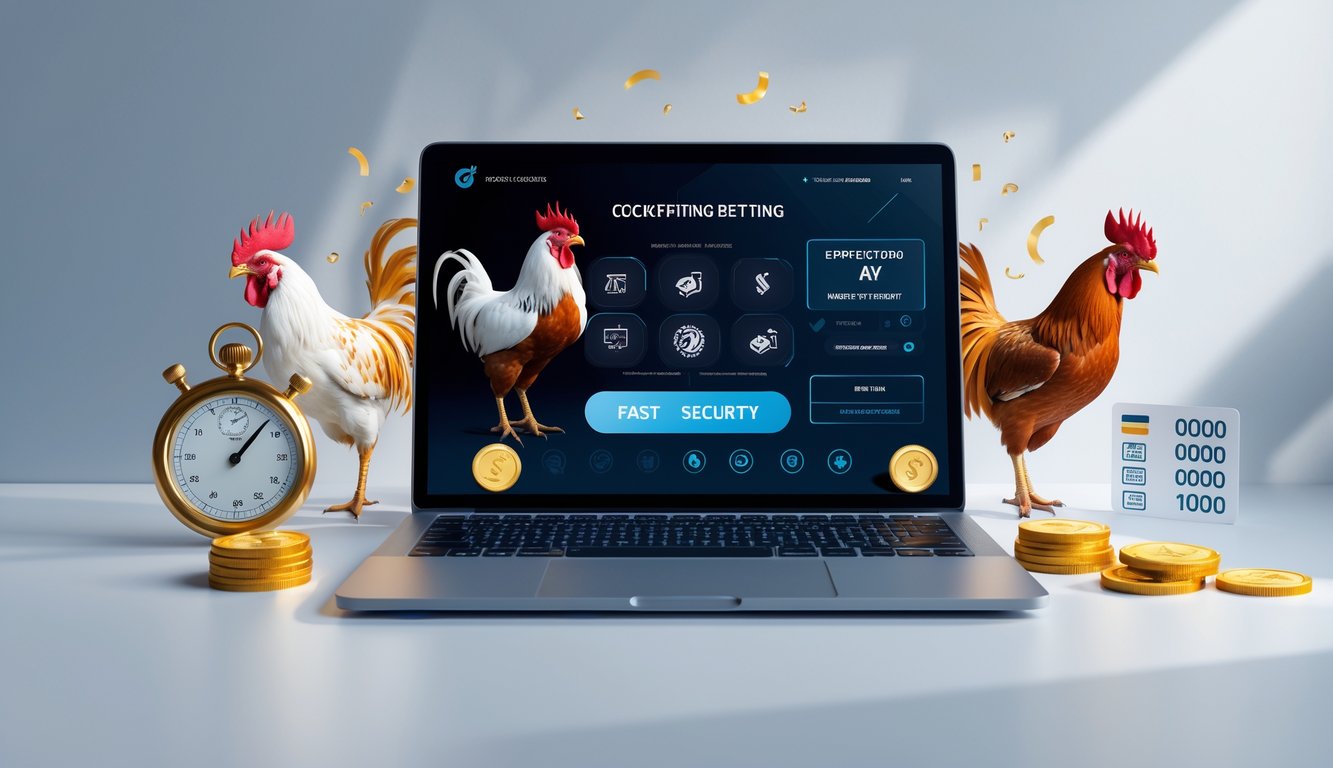 Seorang pengguna sedang menggunakan laptop dengan tampilan situs judi sabung ayam, dikelilingi ikon pembayaran cepat dan simbol keamanan.