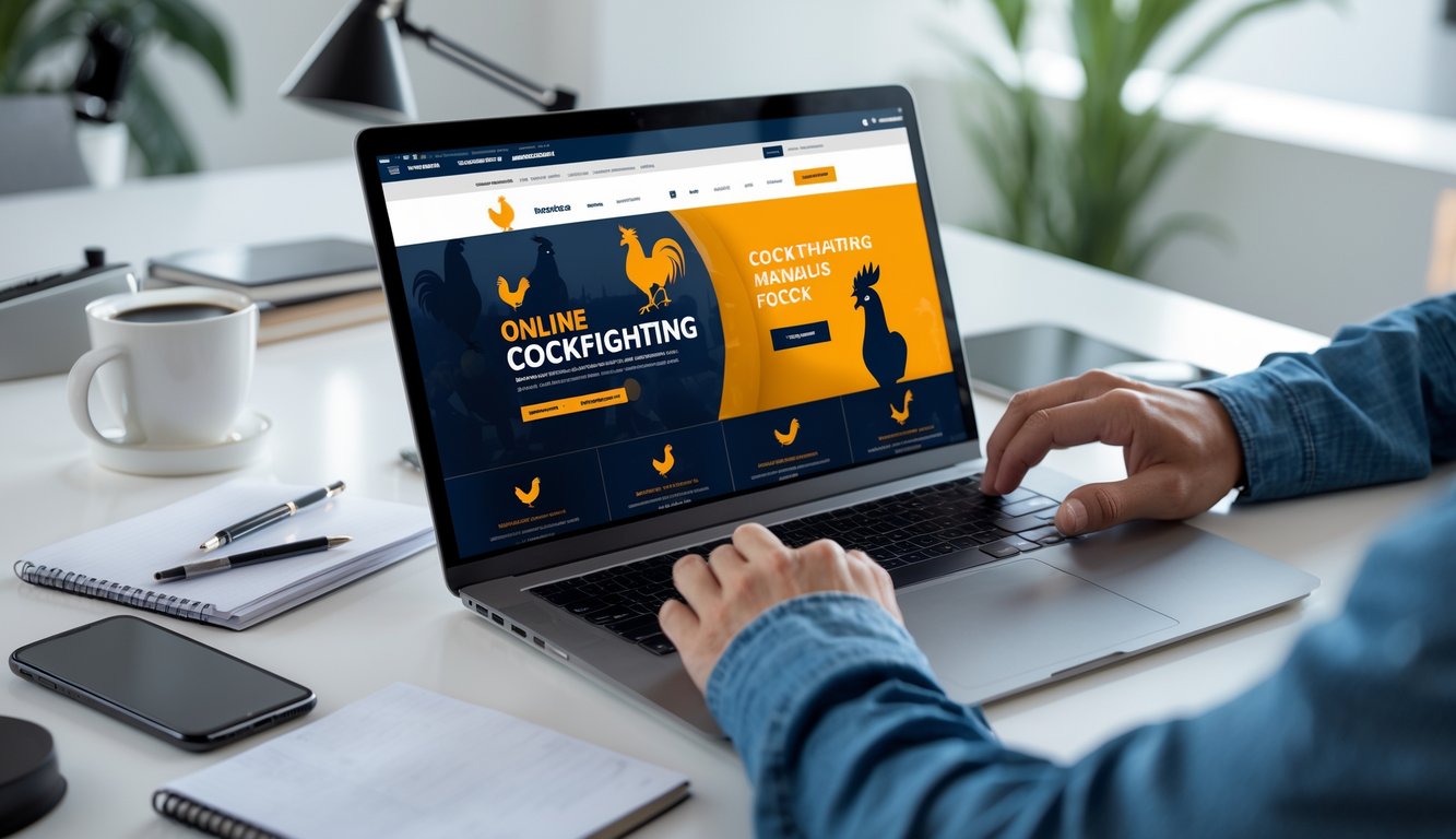 Seseorang menggunakan laptop di meja kerja modern dengan layar menampilkan situs sabung ayam online, dikelilingi oleh ponsel, kopi, dan alat tulis.