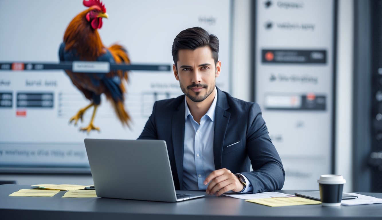 Seorang pria duduk di meja dengan laptop, fokus menganalisis data dan strategi taruhan sabung ayam di lingkungan kantor yang rapi.
