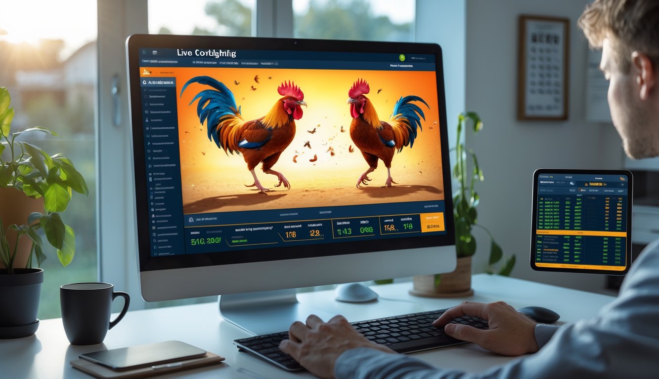 Orang menggunakan komputer di meja kerja dengan layar menampilkan pertandingan sabung ayam secara online.