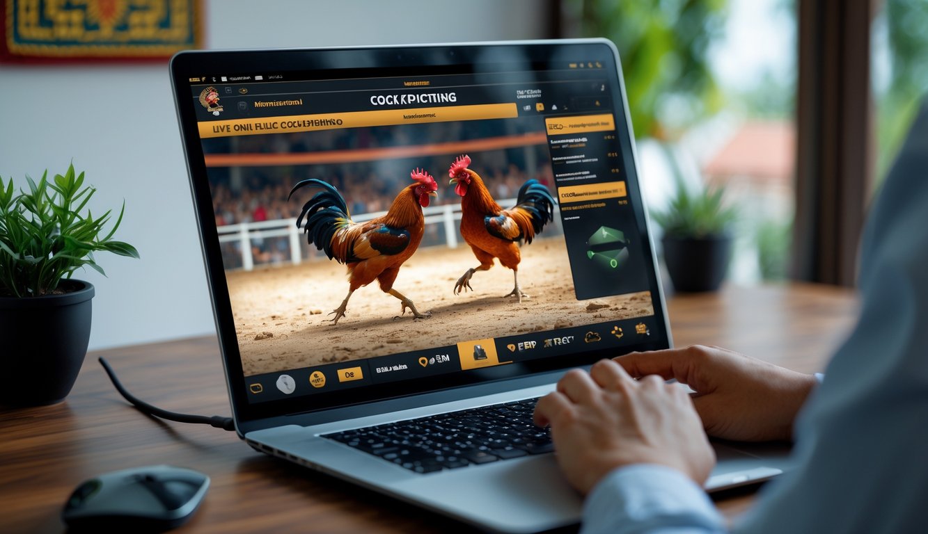 Sebuah laptop di meja kerja menampilkan siaran langsung pertandingan sabung ayam online dengan dua ayam jago bertarung di layar, di ruang kerja dengan dekorasi tradisional Indonesia.