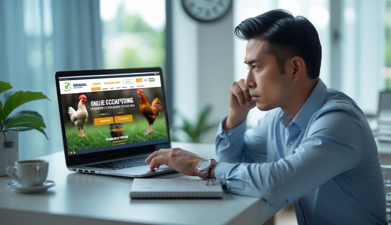 Seorang pria serius duduk di meja dengan laptop dan buku catatan, tampak fokus dan berhati-hati saat menggunakan situs sabung ayam online.