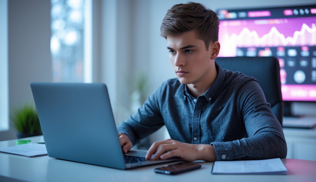 Seorang pria muda duduk di meja dengan laptop, terlihat fokus dan serius, menunjukkan kehati-hatian saat menggunakan situs online.