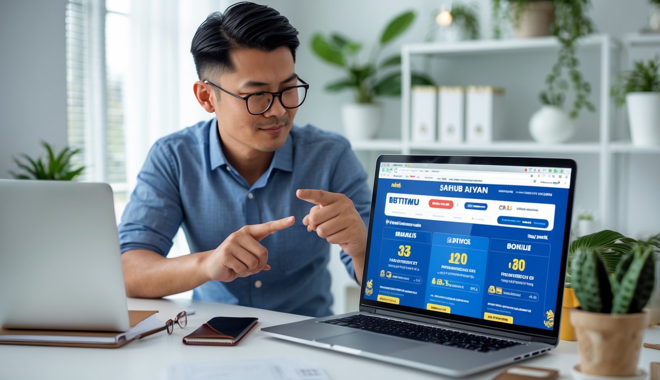 Seorang pria Asia Tenggara duduk di meja kerja dengan laptop dan ponsel, tampak fokus dan berpikir sambil melihat layar laptop di ruang kerja rumah yang cerah.