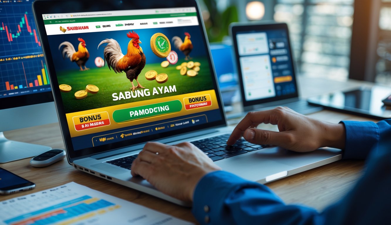 Seseorang menggunakan laptop dengan tampilan situs judi sabung ayam dan elemen promosi di meja kerja.