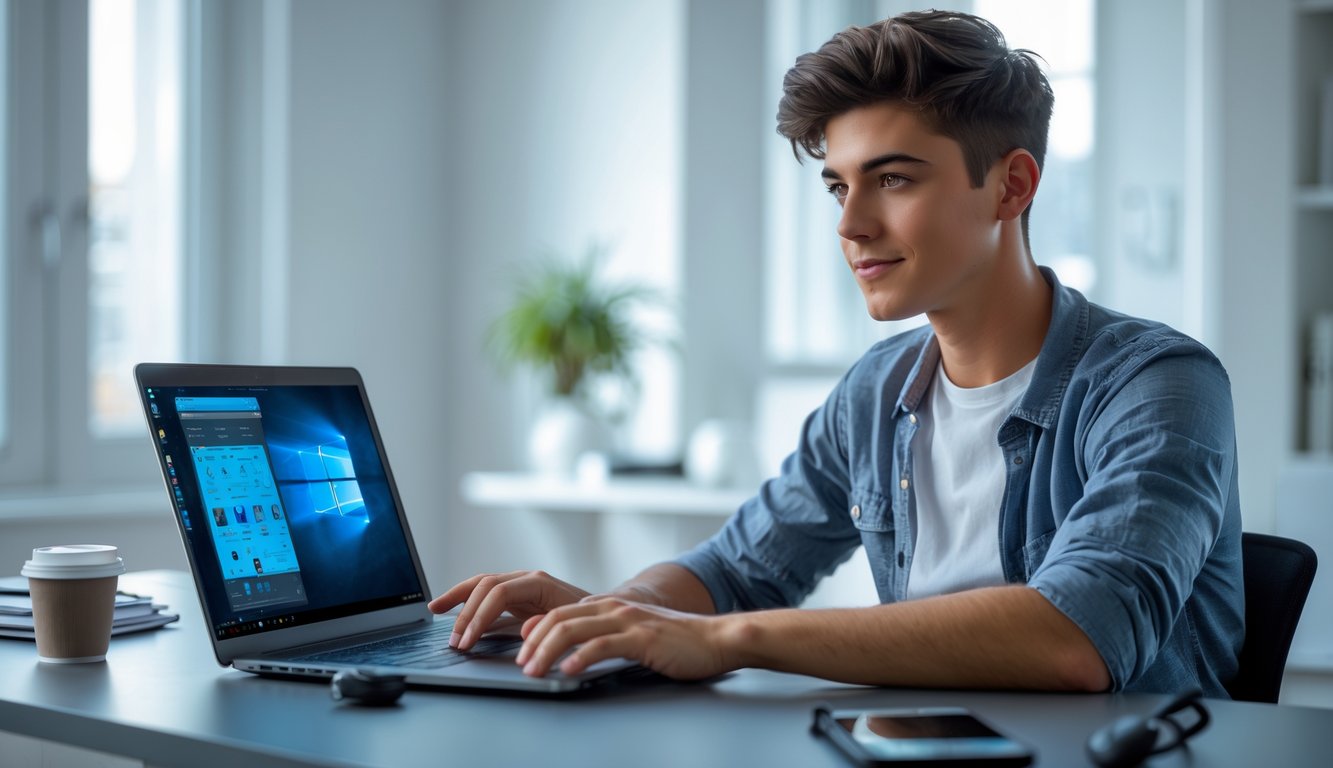 Seorang pria muda duduk di meja dengan laptop, fokus menggunakan perangkat di ruang kerja yang rapi dan terang.
