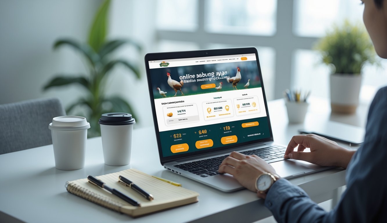 Sebuah meja kerja modern dengan laptop yang menampilkan situs judi sabung ayam online, dikelilingi oleh smartphone, cangkir kopi, dan buku catatan.