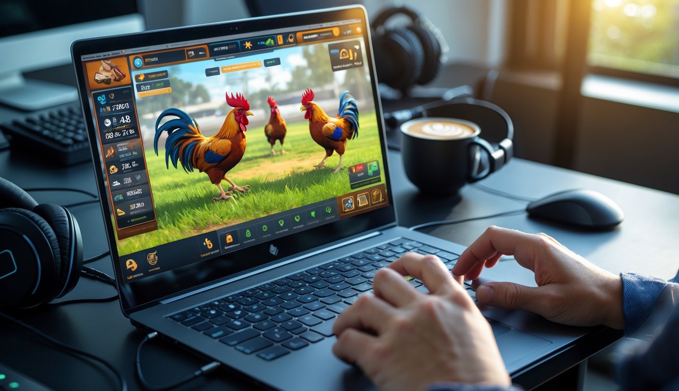 Seseorang duduk di depan laptop dengan layar menampilkan permainan sabung ayam virtual, sambil memegang ponsel yang menunjukkan statistik permainan di meja kerja yang rapi.
