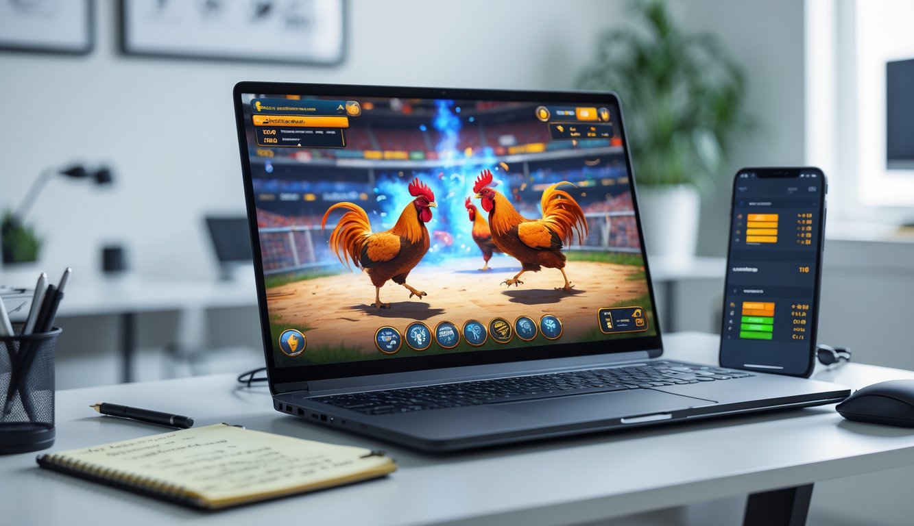 Seorang pria duduk di depan komputer dengan layar menampilkan permainan sabung ayam virtual, dikelilingi oleh catatan dan ponsel yang menunjukkan statistik permainan.