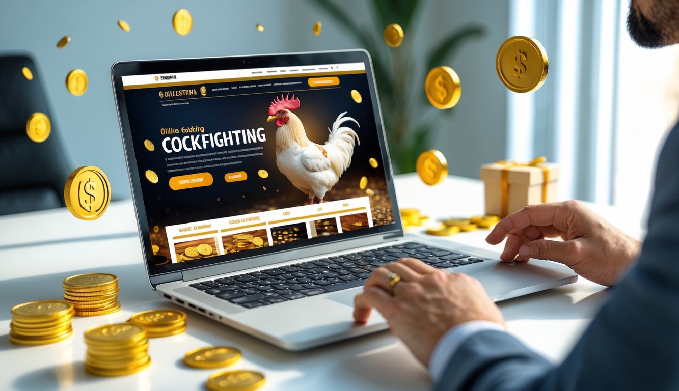 Sebuah laptop di meja kerja menampilkan situs taruhan sabung ayam online dengan koin emas dan hadiah di sekitarnya, tangan sedang menggunakan laptop tersebut.