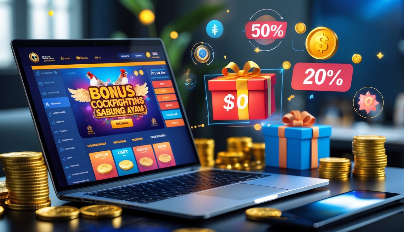 Meja kerja dengan laptop yang menampilkan situs sabung ayam online, dikelilingi koin emas dan hadiah bonus.