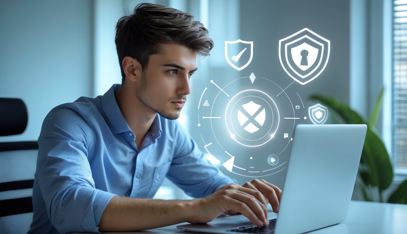 Seorang pria muda duduk di depan laptop di ruang kerja rumah, terlihat fokus dan berhati-hati saat menggunakan komputer.