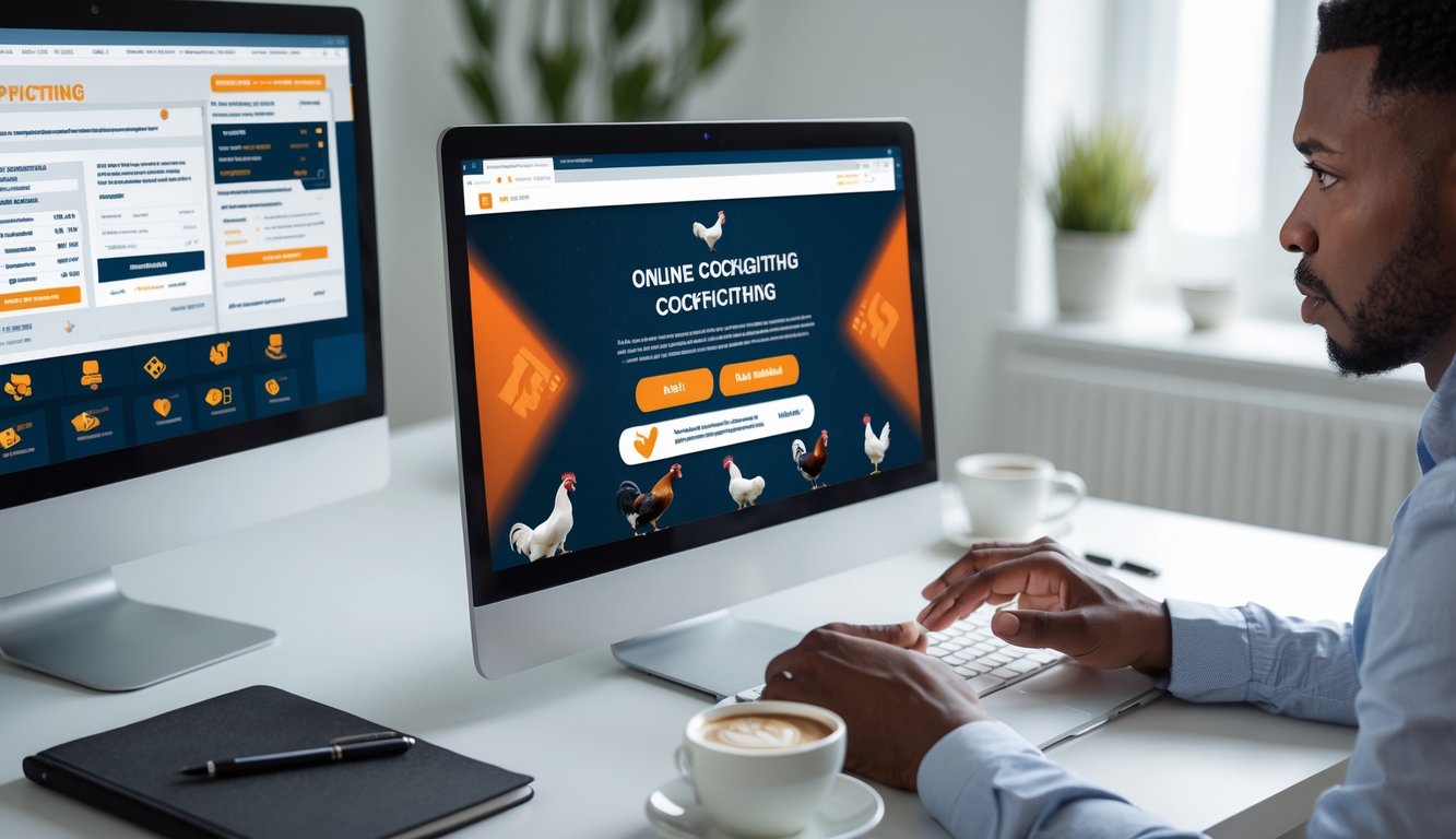 Seseorang duduk di meja dengan laptop yang menampilkan situs judi sabung ayam online, tampak waspada dan fokus memperhatikan layar.