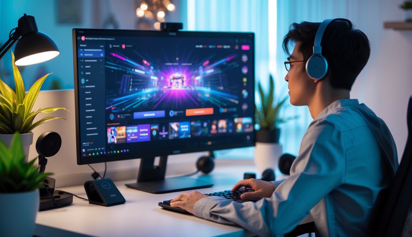 Seseorang duduk di meja kerja dengan komputer yang menampilkan tampilan live streaming, dikelilingi peralatan teknologi dan tanaman hias.