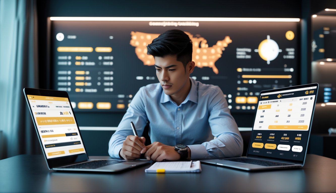 Seorang pria muda duduk di meja dengan laptop dan ponsel, fokus menganalisis data taruhan sabung ayam secara online.