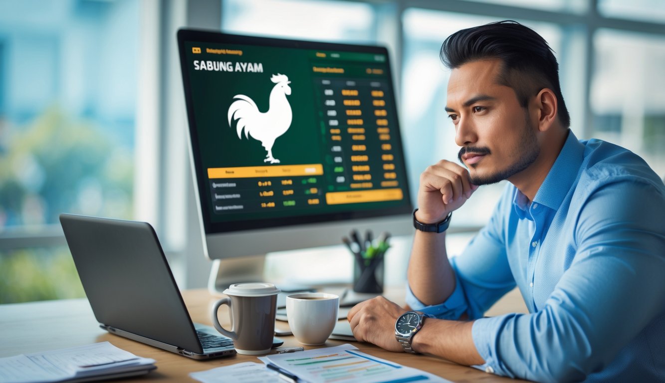 Seorang pria duduk di meja kantor dengan laptop, fokus menganalisis data taruhan sabung ayam secara online.