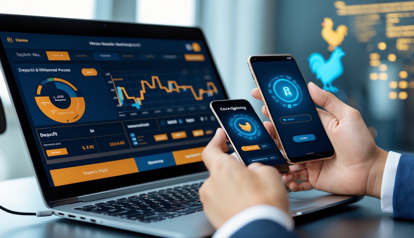 Seseorang menggunakan laptop dan ponsel untuk melakukan transaksi deposit dan penarikan di situs sabung ayam online.