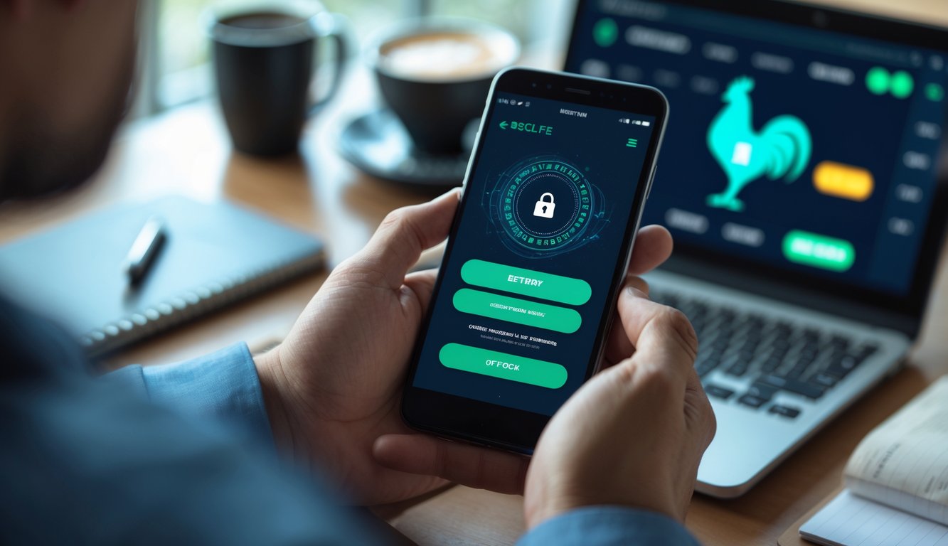 Seseorang memegang ponsel yang menampilkan konfirmasi deposit di depan laptop dengan suasana kerja yang rapi.