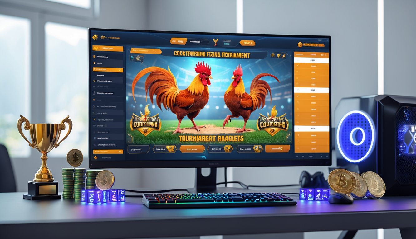 Sebuah meja komputer modern dengan layar besar menampilkan turnamen sabung ayam online, di sampingnya terdapat piala dan hadiah uang, di ruangan yang terang dan rapi.