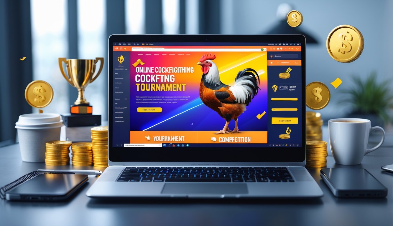 Seseorang menggunakan laptop di meja kerja yang rapi dengan tampilan situs turnamen sabung ayam online dan simbol hadiah di sekitarnya.