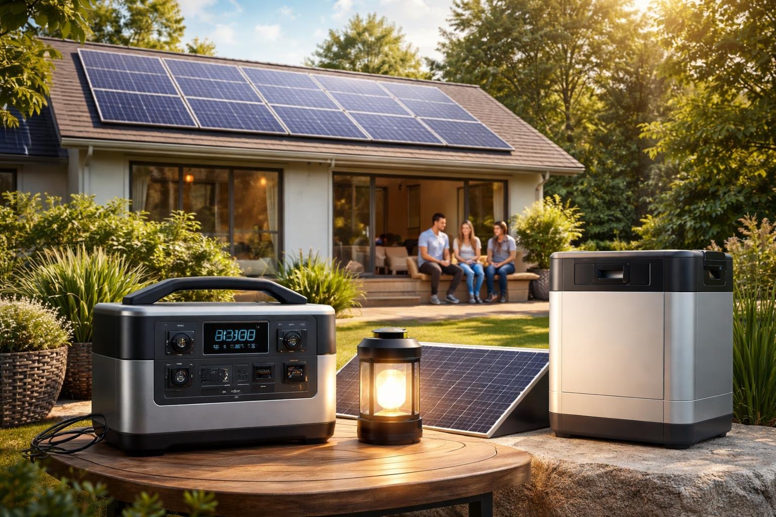 A suburban house with solar panels on the roof and solar powered emergency equipment including a portable generator and lantern displayed outside.