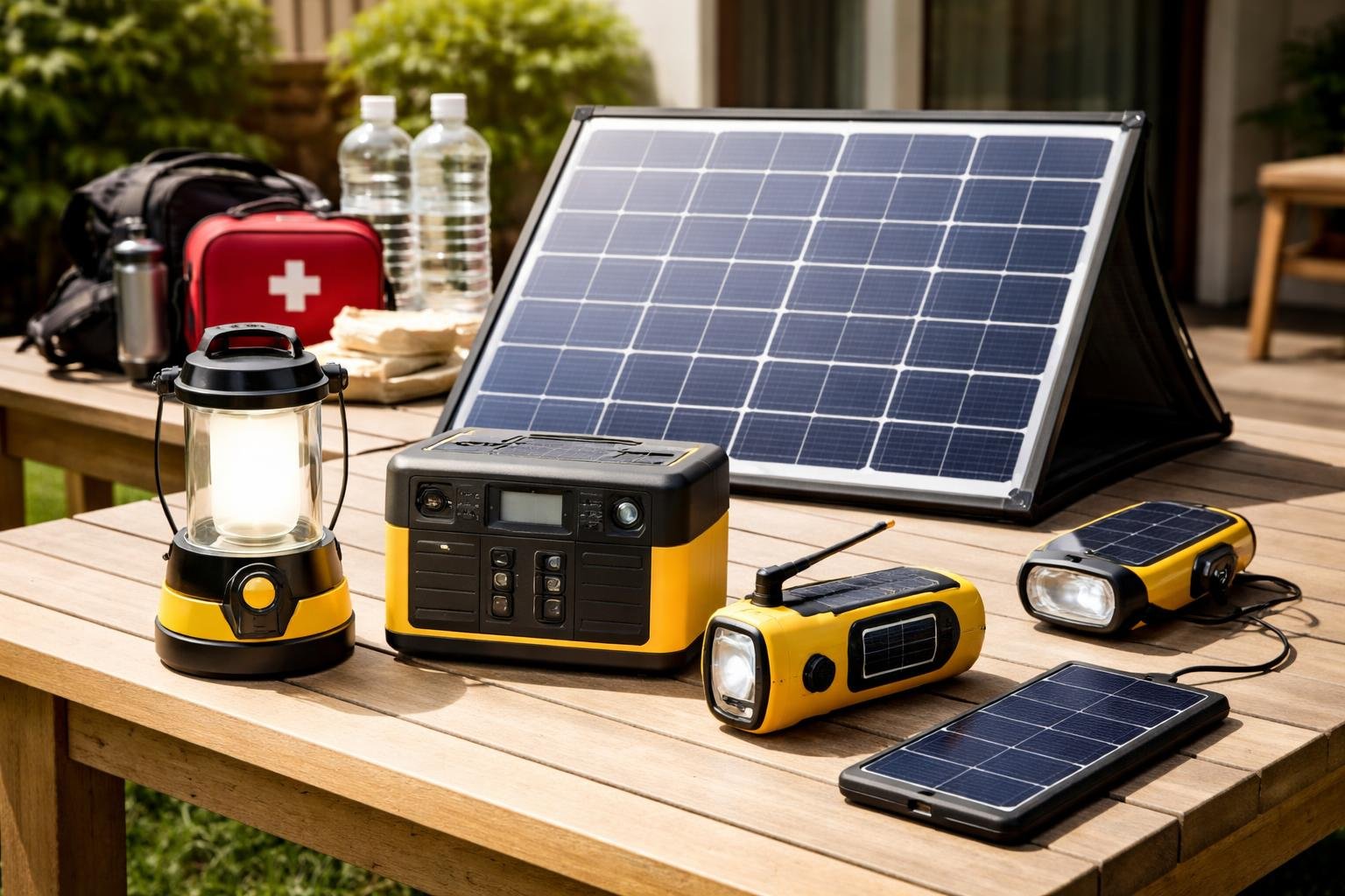 A collection of solar powered equipment including a solar panel, lantern, charger, radio, and flashlight arranged in a home setting prepared for emergencies.