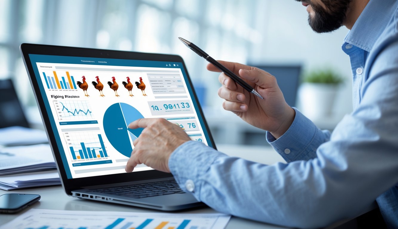 Seorang pria sedang melihat data statistik ayam aduan di layar laptop di sebuah kantor modern.