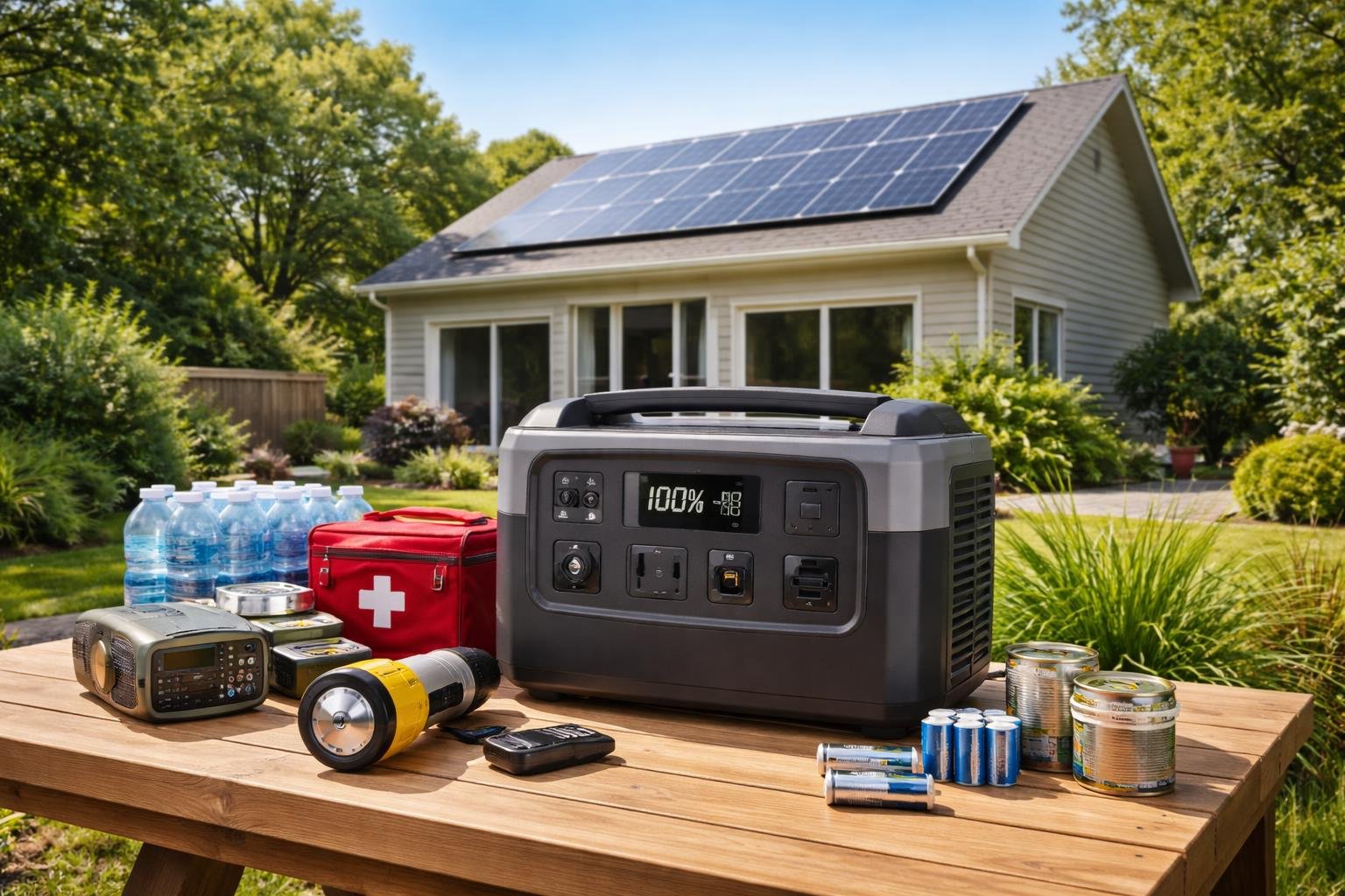 A suburban house with solar panels on the roof and a portable solar generator on a table outside, surrounded by emergency supplies.