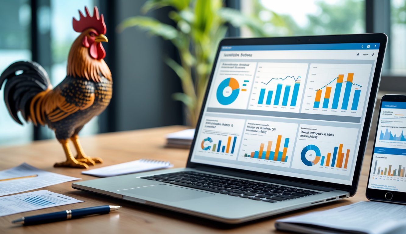 Meja kerja dengan laptop yang menampilkan grafik dan data statistik tentang ayam aduan, dengan patung ayam aduan di latar belakang.