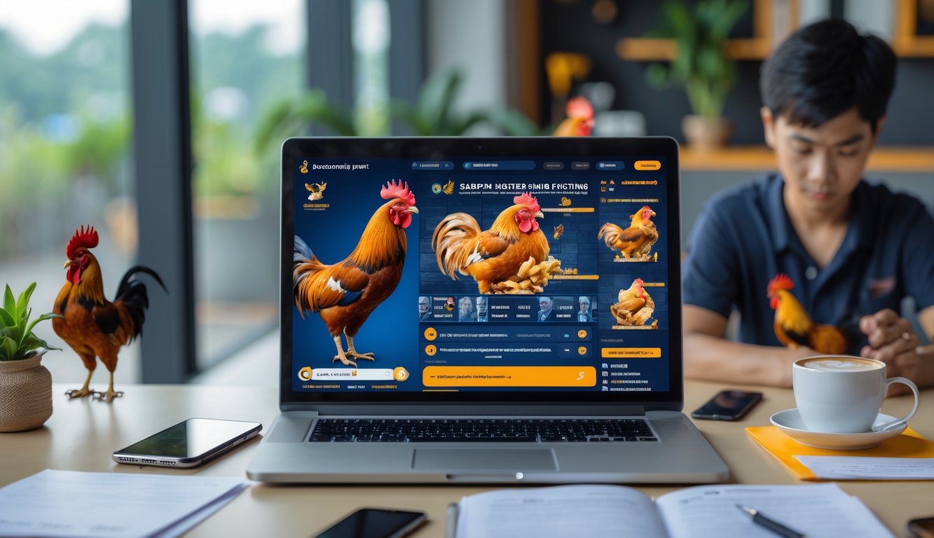 Seorang pengguna sedang belajar bermain sabung ayam online di depan laptop dengan catatan dan ponsel di meja, menunjukkan proses belajar dari pemula hingga profesional.