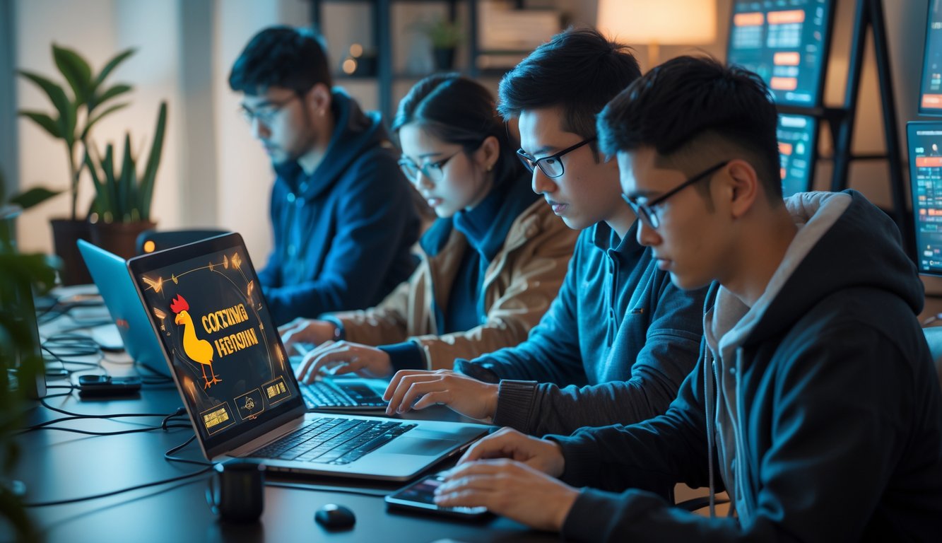 Beberapa orang sedang fokus menggunakan laptop dan smartphone di sebuah ruangan yang nyaman, bermain sabung ayam secara online.