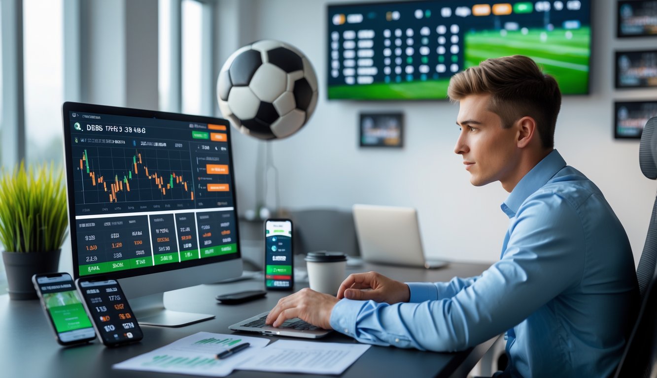 Seorang pria muda duduk di meja dengan laptop dan layar besar yang menampilkan statistik pertandingan sepak bola dan angka odds tinggi.