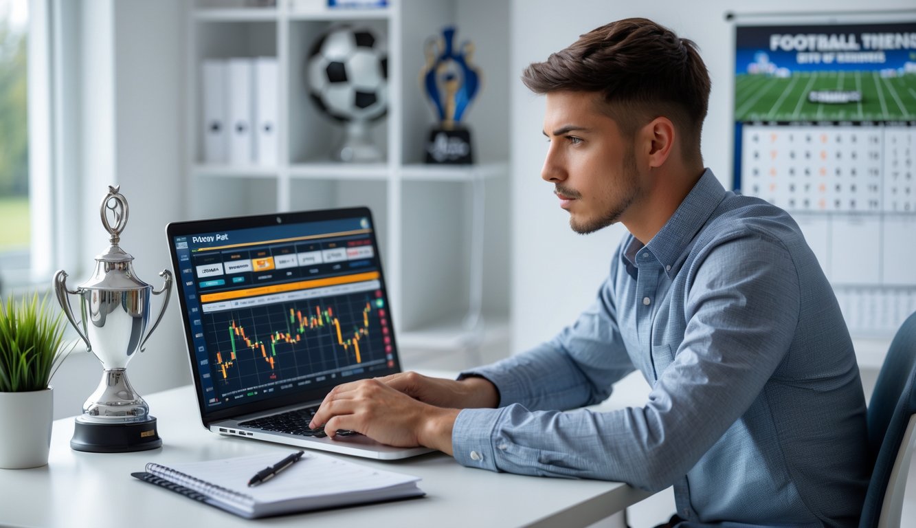 Seorang pria muda sedang duduk di meja kerja dengan laptop dan catatan, fokus mempelajari strategi taruhan bola.