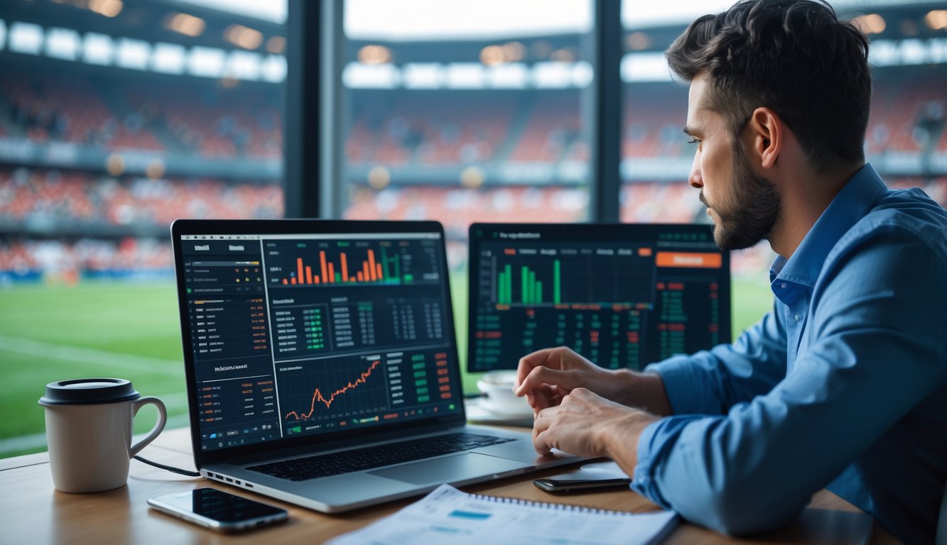 Seseorang sedang menganalisis statistik pertandingan sepak bola di laptop dengan layar menampilkan data peluang dan grafik di sebuah kantor modern.