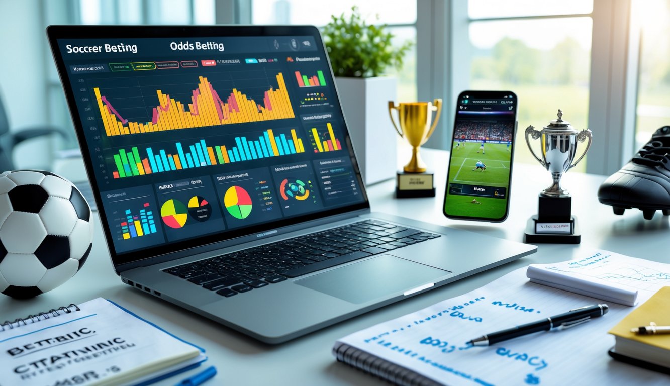 Meja kerja dengan laptop menampilkan grafik peluang sepak bola, ponsel dengan pertandingan sepak bola langsung, bola sepak, sepatu olahraga, dan catatan strategi.