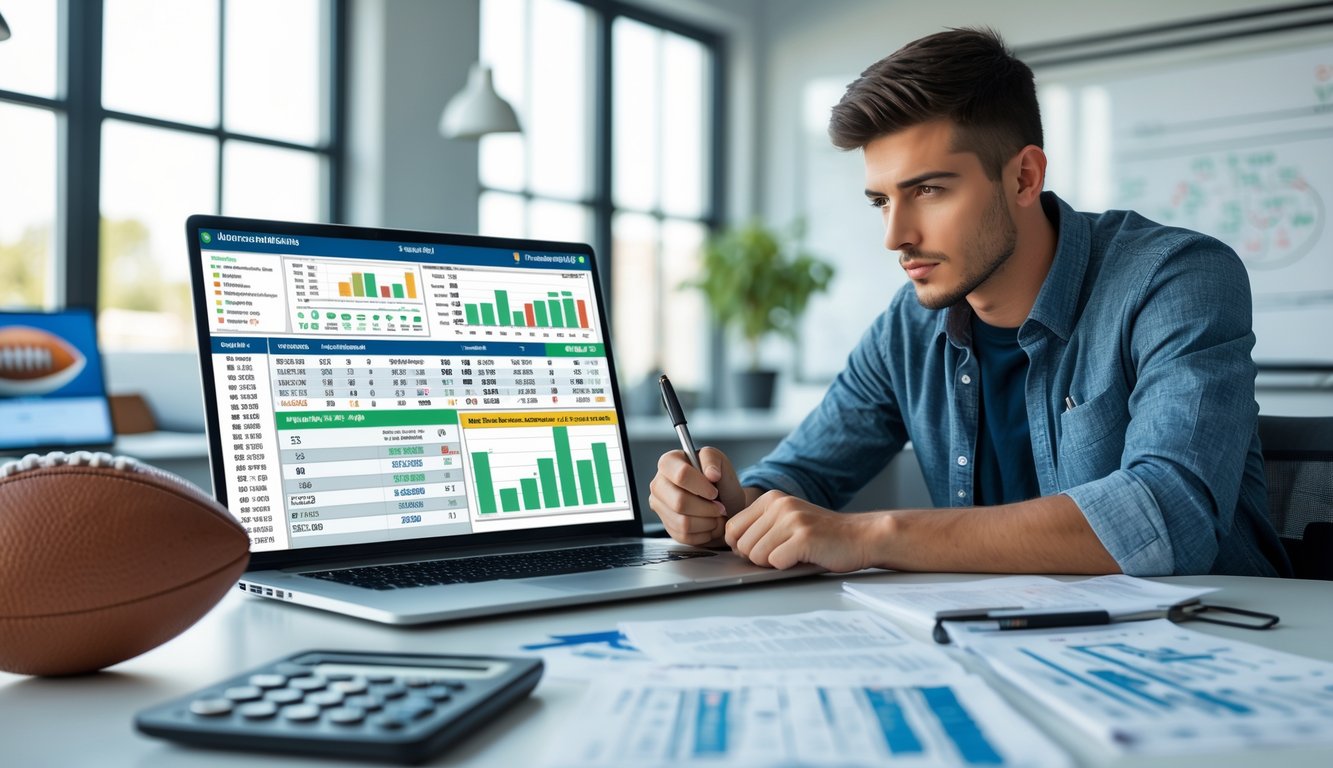 Seorang pria muda duduk di meja dengan laptop dan bola sepak, sedang menganalisis data taruhan dengan kalkulator dan catatan di sekitarnya.