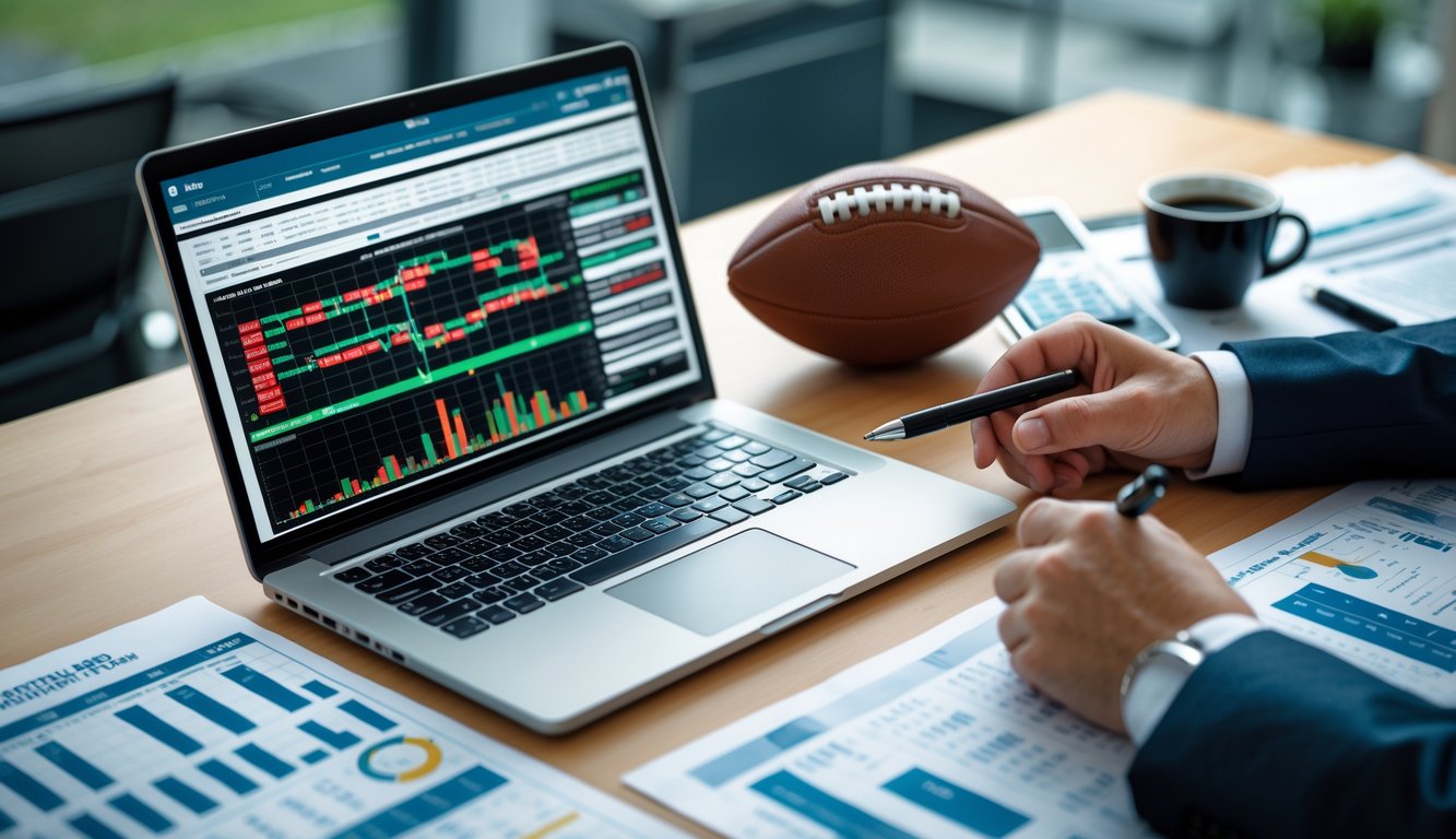 Meja kerja dengan laptop yang menampilkan grafik taruhan bola, tangan memegang pena menunjuk grafik, bola sepak di atas meja, kalkulator, dan cangkir kopi.