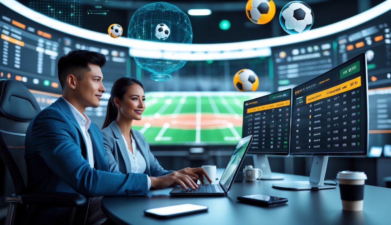 Dua orang muda duduk di depan monitor besar yang menampilkan data taruhan bola dan statistik pertandingan sepak bola secara digital.