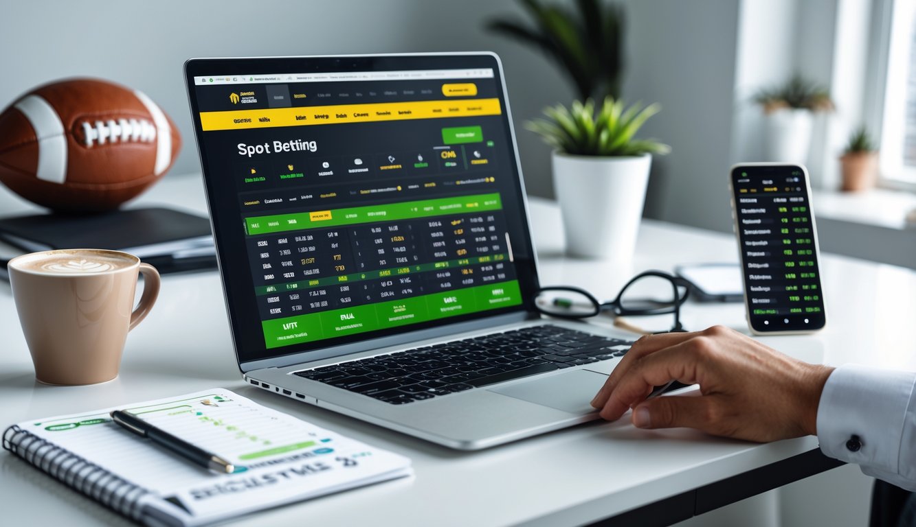 Meja kerja modern dengan laptop menampilkan situs taruhan bola, smartphone dengan skor pertandingan sepak bola, dan beberapa perlengkapan kerja di sekitarnya.