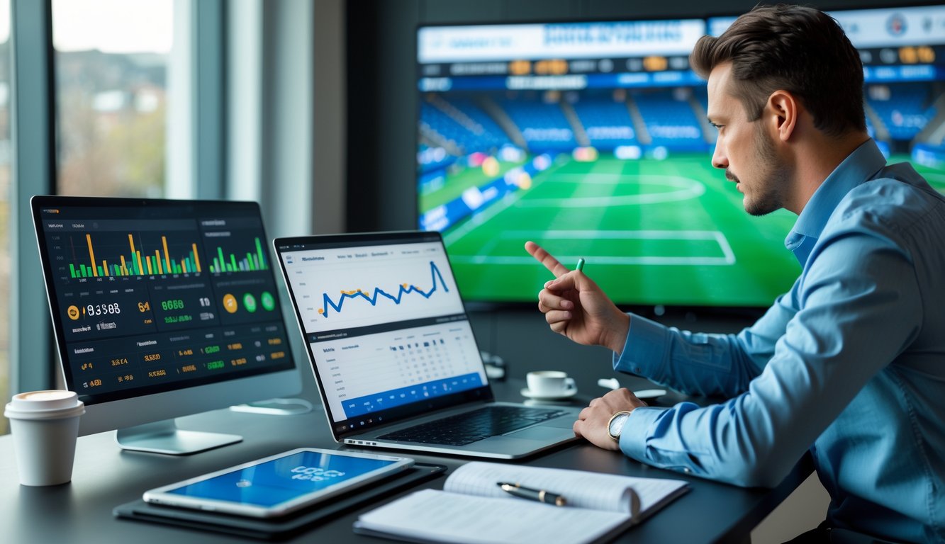 Seorang pria sedang menganalisis statistik tim sepak bola di depan laptop dan tablet dengan grafik dan data taruhan di layar.