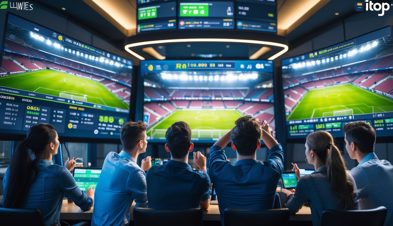 Sekelompok orang menonton pertandingan sepak bola secara langsung di layar digital dengan perangkat elektronik di meja, menunjukkan suasana taruhan bola yang sibuk dan penuh fokus.