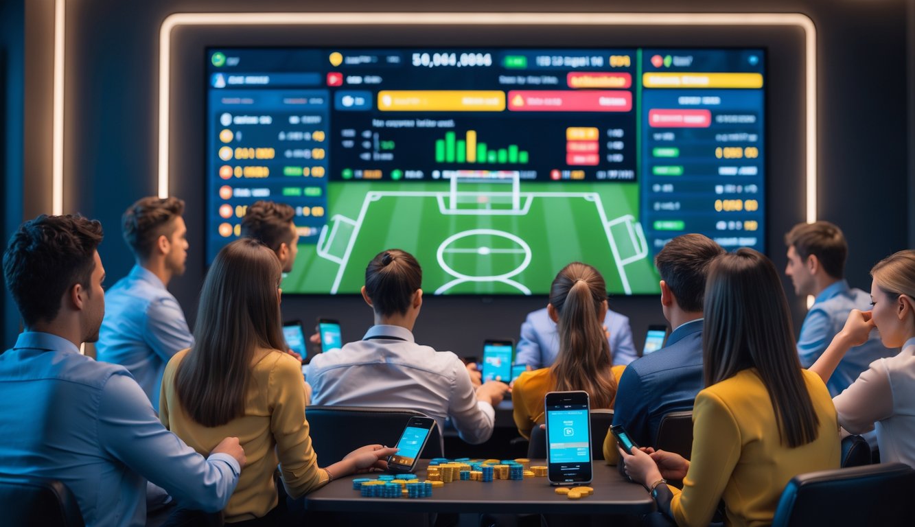 Sekelompok orang muda sedang menonton layar besar yang menampilkan pertandingan sepak bola langsung dan informasi taruhan di sebuah ruangan modern.