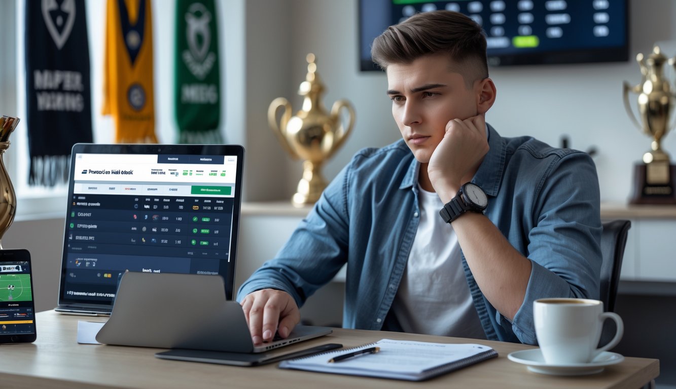 Seorang pria muda serius duduk di depan laptop dengan tampilan taruhan sepak bola, mencatat strategi taruhan di buku catatan.